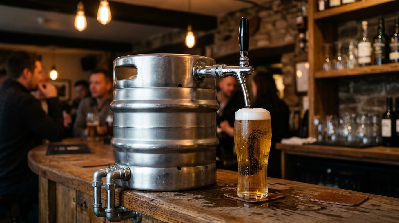 A stainless steel beer keg with a draught tap and a glass of golden beer on a bar counter