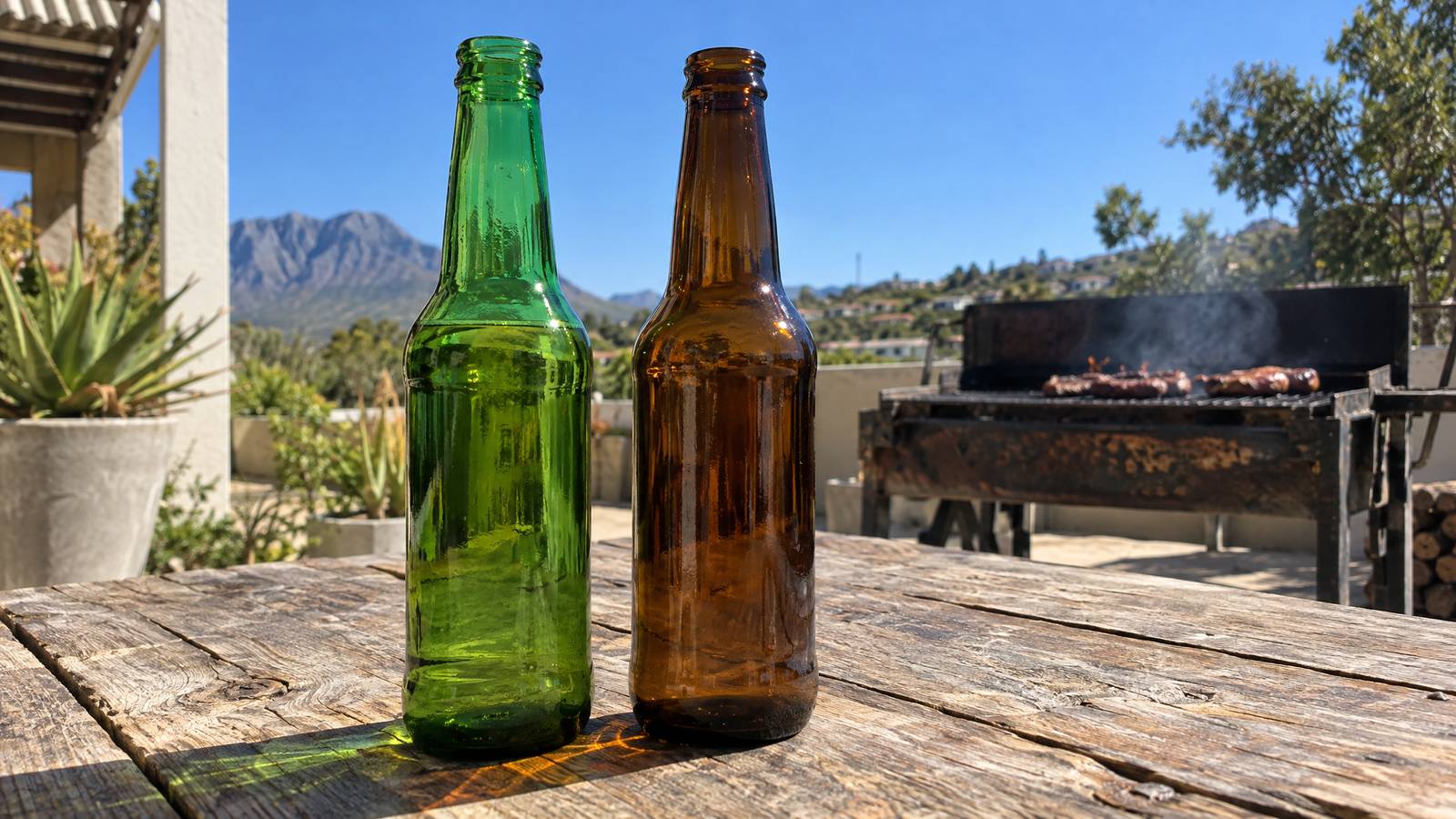 Green and brown beer bottles in South African sun