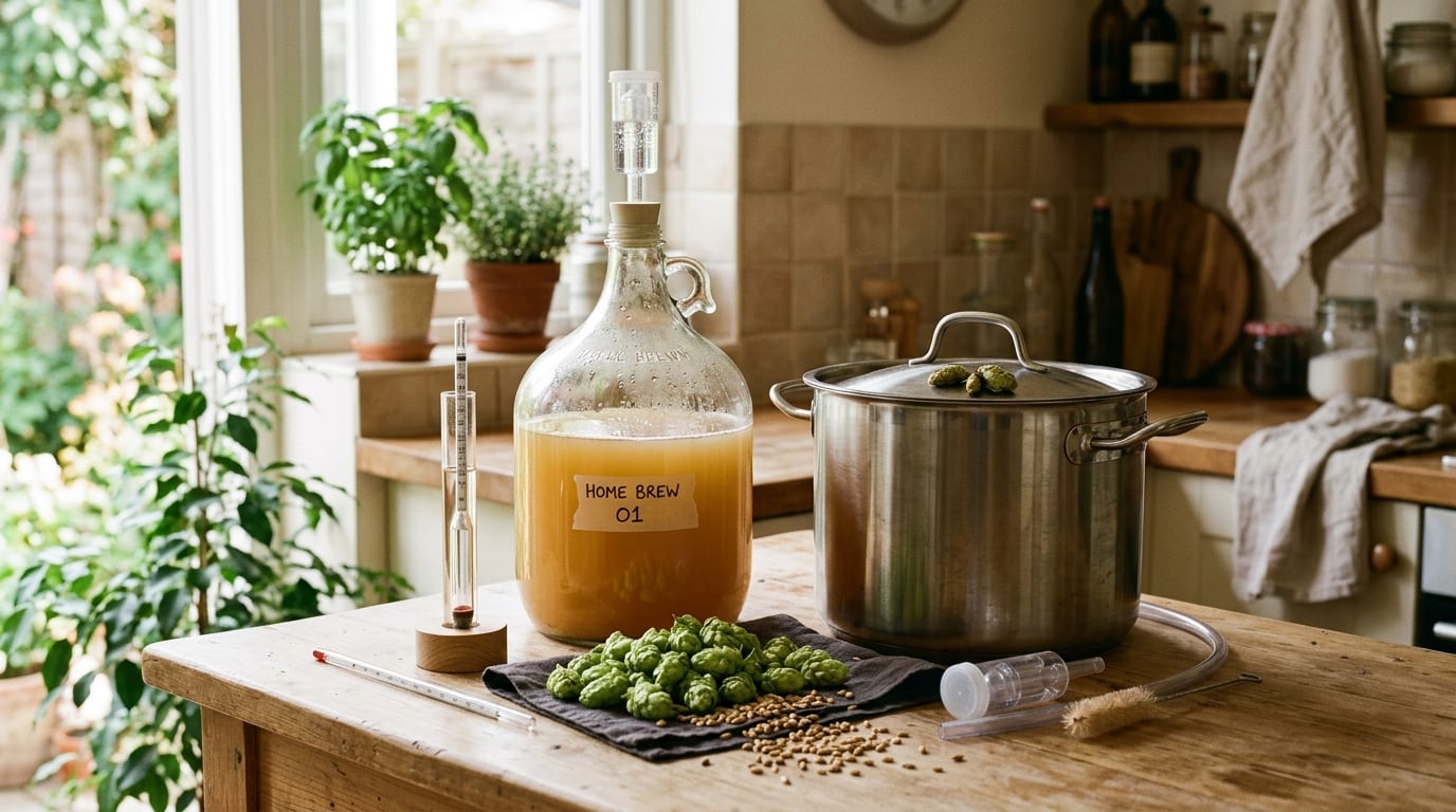 A home beer brewing starter kit on a kitchen counter with fermenter, malt grains, hops and a hydrometer