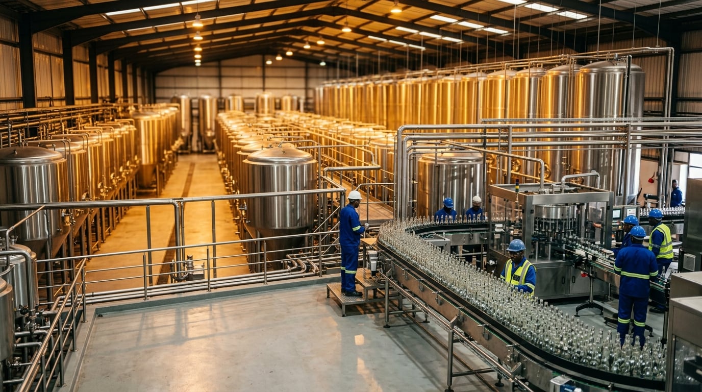 Rows of stainless steel fermentation tanks inside a large South African brewery
