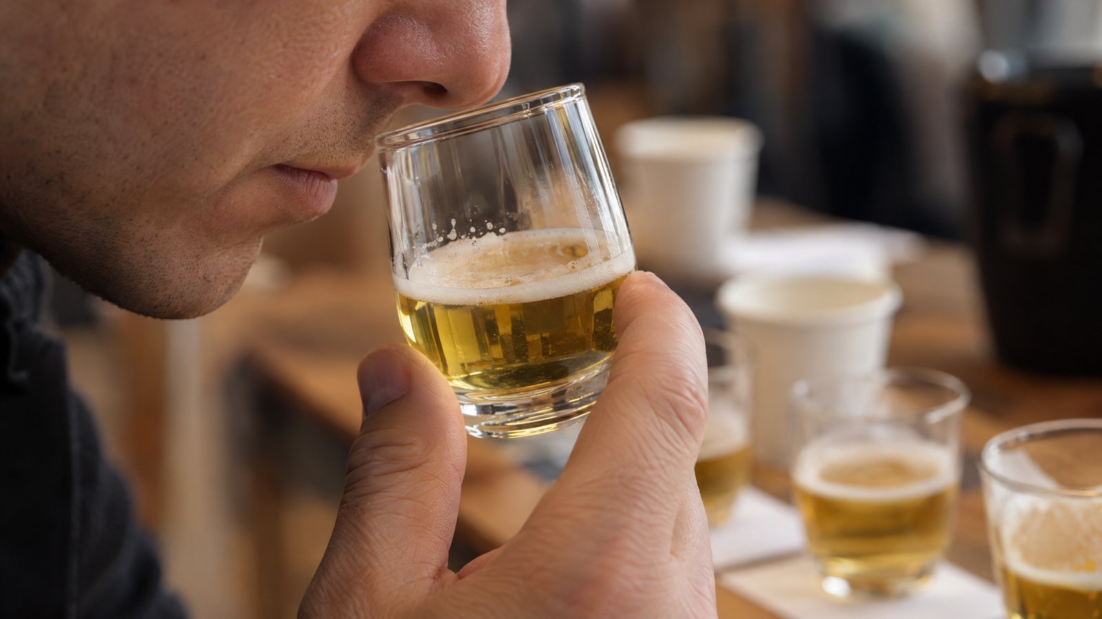 Smelling a beer sample during a blind tasting